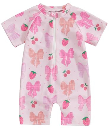 BYUSBAYA Toddler Baby Boy Girl Swimsuit One-Piece Zipper Short Sleeve Rash Guard Summer Sun Protection Beach Swimwear Bathing Suit (Zd Purple, 6-12 Months)