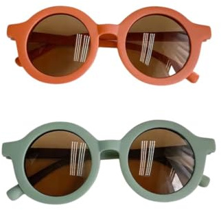 Kids Sunglasses, 2 Pieces Round Retro Style for Boys and Girls and Baby Age 1-8, UV 400 (Green & Orange)