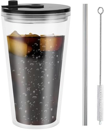 UOCAI Gobelets à thé aux bulles, en plastique, 400 ml, avec couvercle et paille, gobelet réutilisable à double paroi pour café, jus de fruits, smoothie