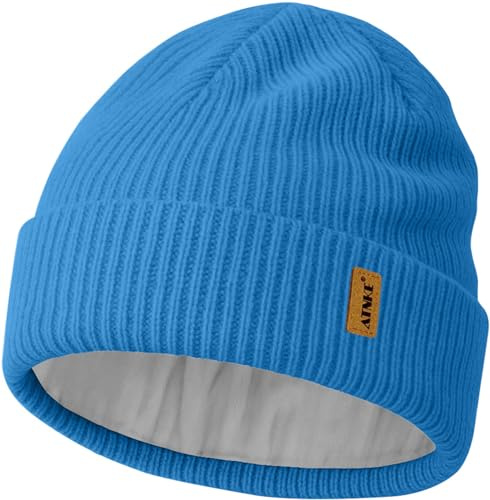 ATNKE Unisex stickad mössa hatt, stretch tjock varm fleece fodrad alla dagar vinter mjuk med ull dödskalle mössa presenter till herr pappa och kvinnor, Blå påfågel, one size