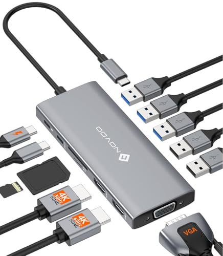 NOVOO USB C Docking Station Triple Display 13 in 1 Dual 4K@60Hz HDMI Hub VGA Adapter, 5 USB-A Datenports, 100W PD, USB-C Datenport, SD/TF Multiport Dock für MacBook M2 M3 Dell HP Surface