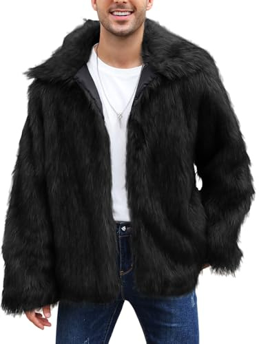 Arssm Faux Fur Coat for Men Warm Winter Fluffy Furry Jacket(Black-XL)