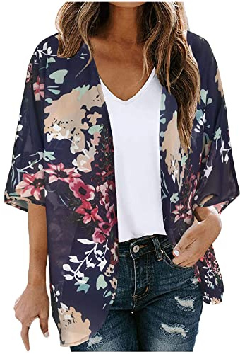 Ewleguzka Women Kimono Cardigans Casual Summer Tops Cover up Open Front Floral Print Resort Wear UK Size