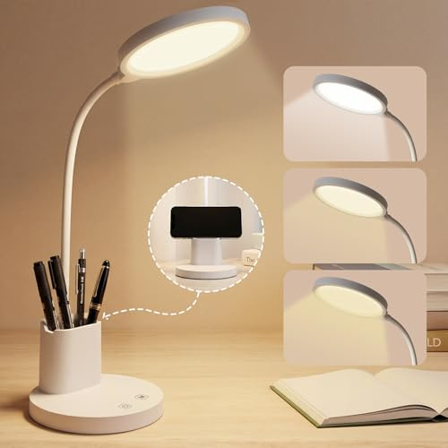 LQWELL Touch LED-skrivbordslampa för barn och vuxna, 360° svanhals, dimbar i 3 färger och med pennhållare, mobiltelefonhållare, 1,2 m nätsladd, kontakt, vit