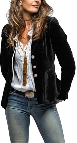 Kyzoeyou Women's Velvet Blazer Suit Casual Long Sleeve Jacket Classic Notched Collar Workwear Three Button Closure Office Formal Suits(Black Large)