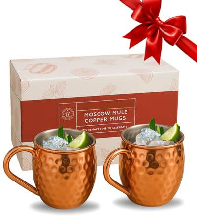 Moscow Mule Copper Mugs Set of 2 – 16 oz Pure Copper Cups for Cocktails – Handcrafted Hammered Finish | Durable Metal Drinkware for Whiskey, Mule Drinks, Bar Accessories