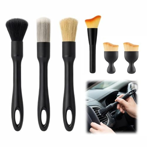 Set de 6 Pinceles Detailing Coche – Kit Limpieza Profesional para Interior y Exterior – Pincel para Salpicadero, Habitáculo y Cepillo Llantas Vehículos