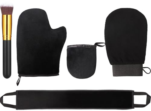 Boao 5 Pieces Self Tanning Mitt Applicator Kit, Includes Tanning Mitt, Exfoliating Glove, Mini Face Glove, Back Lotion Applicator, and Large Brush Makeup