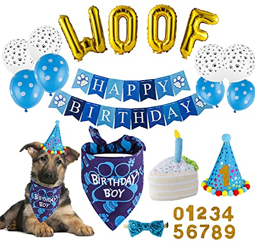 TCBOYING Hunde-Geburtstagsparty-Zubehör, Hunde-Geburtstags-Bandana, Spielzeug, Kuchen, Jungen, Hut, Schals, Flagge, Ballon mit süßem Hund, Geburtstagsparty, Dekorationen (21-teiliges Set)