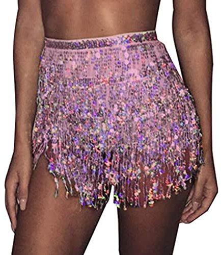 Zookey - Falda con borlas de Lentejuelas para Danza del Vientre, Bufanda de Cadera, Disfraz de Rave, Falda con Flecos para Mujeres y niñas (C-Rosa-M)