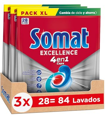 Somat Excellence 4 en 1 Pastillas (3 x 28 tabs), detergente lavavajillas que elimina los residuos quemados, pastillas lavavajillas con brillo excelente, jabón para vajilla