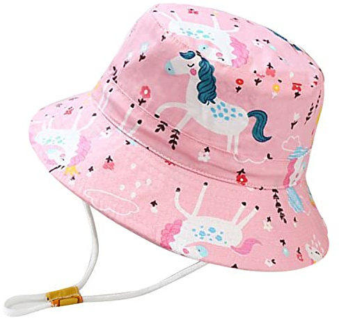 Rayson Barn solhatt hatt brett brätte strandhatt med justerbar hakrem barnhatt barn tecknat tryck buckethatt, Rosa enhörning, one size