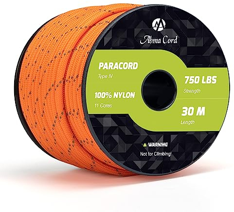 Abma Cord Paracord 750lb 4mm 30M 100% Nylon Seil 11 Kern Typ IV Schnur für Basteln, Camping, Survival, Outdoor - Max. 340kg - Reflektierend Orange