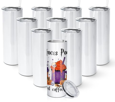 AGH 10 Pack Sublimation Tumblers Blank 20 OZ Straight Skinny Tumbler with Straw, Stainless Steel Double Layer Insulated Mug, Individually Box, Travel Tumblers