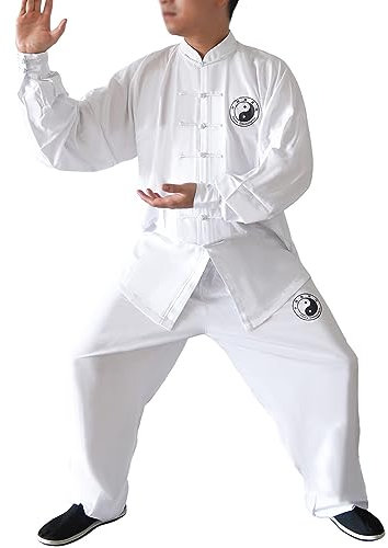 Dee Plus Kampfkunst Tai Chi Anzüge | Unisex Kung Fu Uniform Set | Traditionelle Chinesisch Kostüm Lange Ärmel aus Baumwolle für Qigong Wing Chun Shaolin Wushu Training Jacke Hose Herren Damen - Weiß