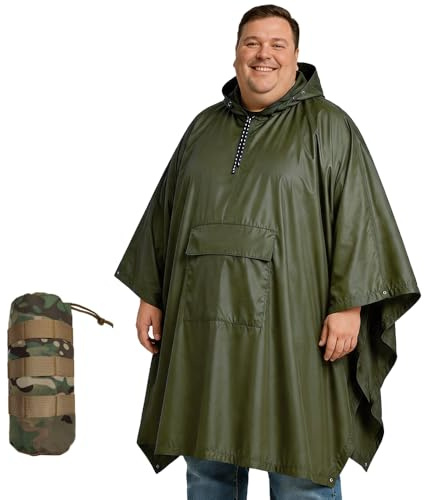 Urby Plus Size Adult Rain Poncho with Hood, Poncho Para Lluvia, Tactical Ponchos Adult For Camping, Hiking, Travel, Outdoors (Dark Green)