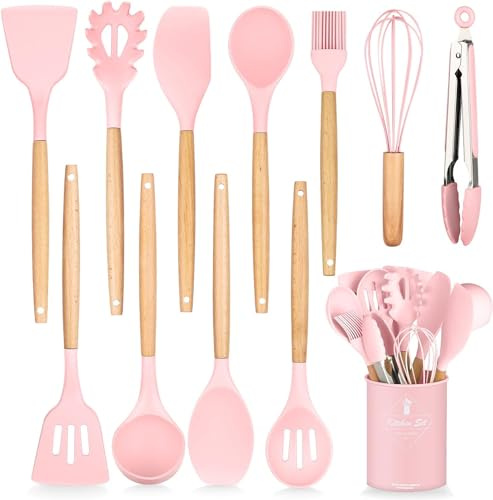 ClaShop Set Utensili da Cucina, 12 Pezzi in Silicone Include Porta Utensili - Antiaderente AntiGraffio con Manico in Legno (Colore Rosa)
