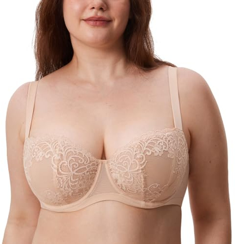 DELIMIRA Women's Balconette Lace Bra Plus Size Sexy See Through Unlined Underwire Bras Beige 44DD