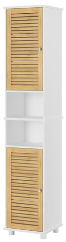 FORABAMB Meuble Colonne Salle de Bain, Armoire de Salle de Bain Haute avec 2 Étagères Ouvertes et 2 Portes en Bambou，Meuble pour Salon, WC, Cuisine, Entrée, 30 × 32 ×190 CM