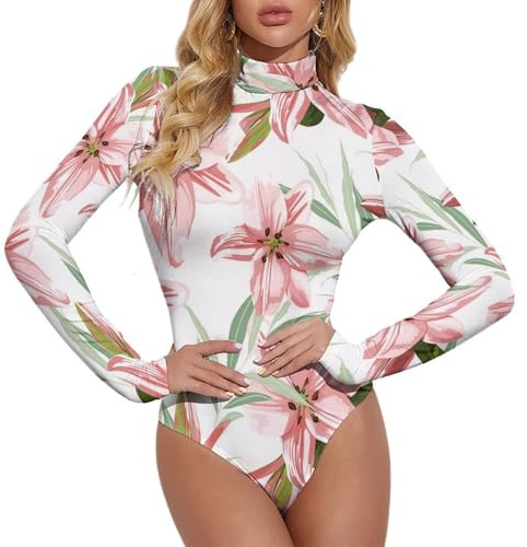 Body à manches longues pour femme – Lys roses, fleurs, col roulé – Combinaison pour femme, Style 8, Large