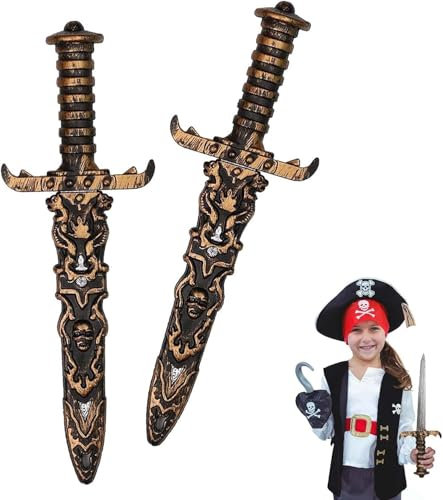 GUOYOU 2 Pezzi Spada Giocattolo Pugnale Pirata, Spada Giocattolo in Plastica, Coltello Finto Non Affilato Spada Pirata,per Oggetti di Scena Costume Pirata Festa Pirata Antico Dorato