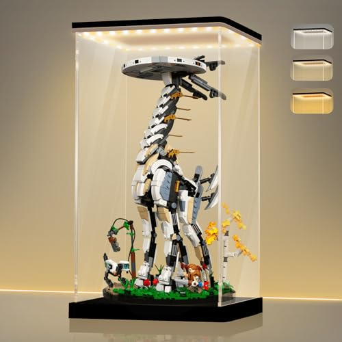 LANSCOERY Vitrine transparente en acrylique avec lumière LED réglable jaune/blanc/chaud, protection UV, vitrine anti-poussière pour figurines, modèles, objets de collection – 24,9 x 20,1 x 40,9 cm