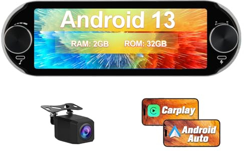 Hexinex 6.86 Pulgadas 1 DIN Radio Coche con Pantalla Táctil, Android 13 2G+32G con CarPlay/AndroidAuto/Mirror Link, WiFi/GPS/Bluetooth/RDS/USB/FM/Mandos del Volante/Cámara Trasera