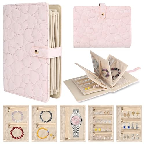 bssmmai Bolsa de almacenamiento para joyas de mujer, joyero portátil de viaje, de poliuretano, con 5 bolsillos de terciopelo con cremallera, adecuado para anillos, pendientes, collares, relojes