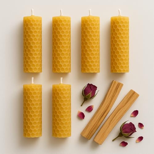 YA-DECOREGALOS Set de 6 Velas de Cera de Abeja Pura con 2 Palos Santos XL, Cera Pura Nacional de la Sierra de los Pedroches Fabricadas Artesanalmente.