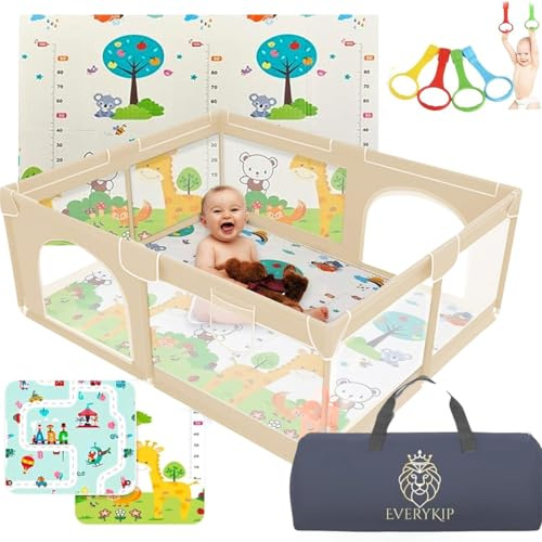 EveryKip® Parque Infantil Bebe 120x120cm Beige + Alfombra Suelo + Anillas + Bolsa Transporte Corralito Bebe Plegable Malla Transpirable Baby Playpen (Beige)