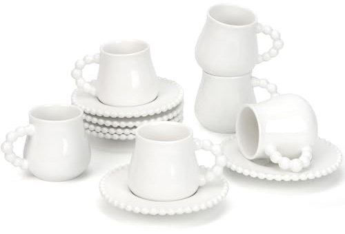 Hebaogugu Coffee Cup Set of 6 with Saucers, 3.5 OZ Ceramic Espresso Cups, Elegant Deco Turkish Coffee Cup Gift for Cappuccino, Latte, Cafe Mocha and Tea, Dishwasher & Microwave Safe (Pearl White)