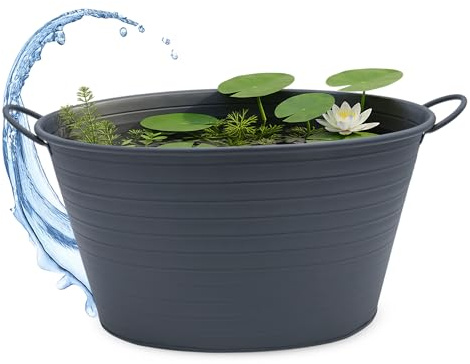 Spetebo Metallwanne oval mit Griffen 59 x 36 cm - dunkelgrau - Garten Metall Zierteich Wasserwanne - Mini Gartenteich Teichwanne Balkonteich Blumenkübel Pflanzkübel Blumentopf Pflanztop Deko Kübel