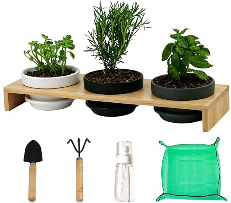 Mervino Kräutertopf Set, 3 Terrakotta Töpfe mit Bambusablage & Untersetzer