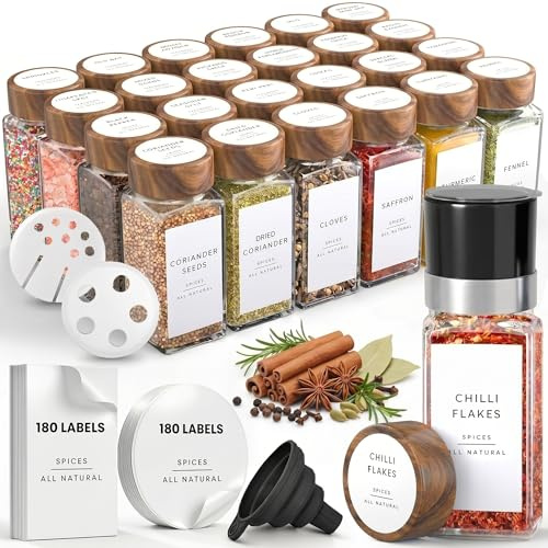 Livabl Glass Spice Jars with Acacia Lids and Labels - 24 Pack (120ml) | Airtight Containers - 360 Waterproof Pre-Printed Labels - Herb, Seasoning & Kitchen Storage