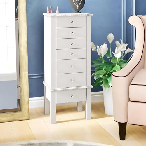 Hives and Honey Crystal Jewelry Armoire, 6 Felt-Lined Drawers, Side Necklace Hooks, Built-In Mirror, Cord Port, Elegant Beaded Trim, Jewel Knobs, Jewelry Storage Organizer, White
