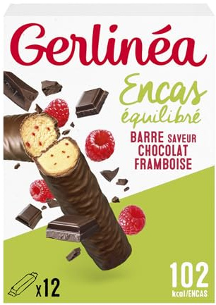 Gerlinéa - Barres Protéinées - Chocolat Noir Framboise - Encas Équilibré - Goûter et Petit-Déjeuner - Réduites en Sucre - Sans Huile de Palme - 1 Boîte de 12 Barres - 372 g