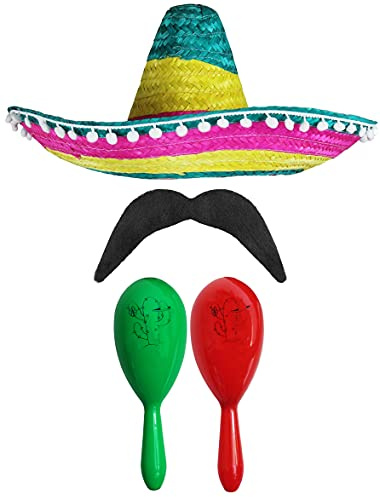 Medikansk fanciy klänning tillbehör set – MEXIKAN SOMBRERO med maracas och skärm – perfekt för mekaniska fläktdylister (flerfärgad POM POM SOMBRERO + gröna och röda maracor)