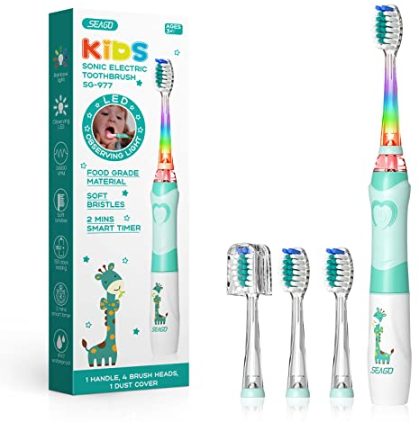 Seago Elektrische Zahnbürste Kinder ab 2, Kinderzahnbürsten mit 4 Extra Weiche Bürstenköpfe und LED Licht, 4 Modi 24000VPM Smart Timer Schallzahnbürste für Kleinkind Mädchen Jungen SG977(Grün)