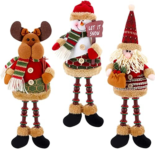 KAHEIGN 3Pcs Christmas Plush Figurines, Christmas Sitting Santa Claus Snowman Reindeer Christmas Ornament Long Legs Figurine for Table Fireplace Decor Home Decoration
