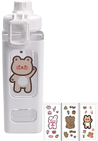 PEXIZUAN Kawaii Bear Water Bottle With Straw Sport Plastic Portable Square Drinking Bottle For Girl Cute Juice Tea Water Cups 700ml(White,700ml)