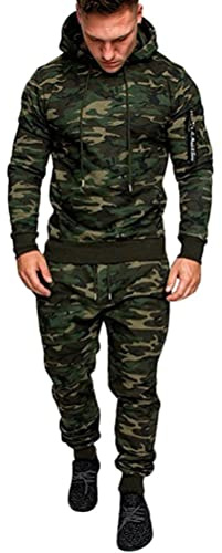 Tomwell Tuta da Ginnastica Uomo 2 Pezzi Tuta Sportiva Mimetica Invernale Felpa a Manica Lunga con Cappuccio + Pantaloni per Jogging B Verde L