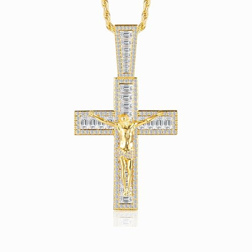 TRIPOD JEWELRY 18K REAL Gold Cross Jesus Chains INRI Crucifix Necklace CZ Diamond Baguette Big Christ Baptism Iced Out Pendant for Mens Womens Christmas Birthday Gift(18K Gold，24”