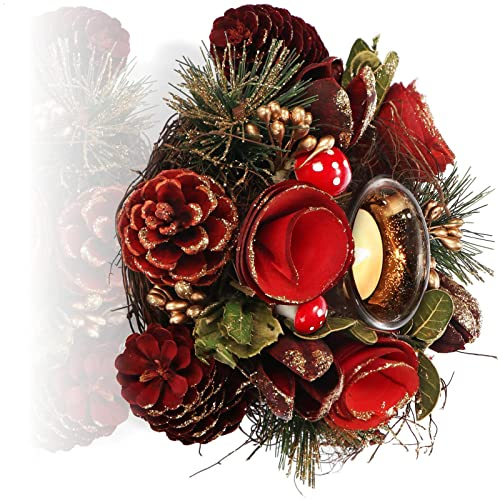 Portacandele decorativo per candelabri Natale e autunno con materiali naturali fatti a mano Composizione Avvento fiore rosso 3 candele