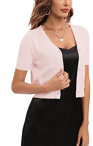 Boléro Femme Tricot Gilet Court Veste Cardigan Bouton Manches Courtes pour Robe T Shirt Bretelle Soirée Fête Décontracté Chic Elégante Rose Clair*Manche Courte XL
