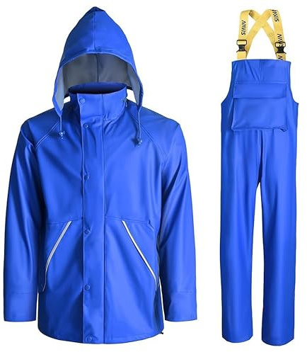 FWG Men's Workwear PRO Rain Suit - Ultimate Safety & Comfort | Waterproof, Durable PU Jacket & Bib Pants Set.(Blue,Small)