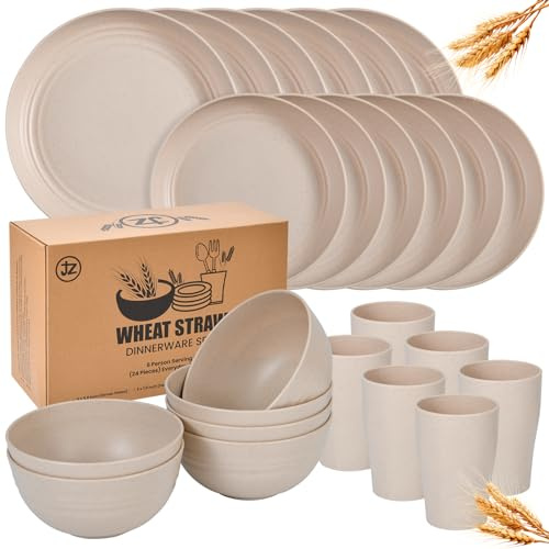 24 - Piece Wheat Straw Dinnerware Set - Plates and Bowls for 6, Unbreakable, Dishwasher & Microwave Safe, Reusable, Lightweight Tableware, Ideal for Camping and Everyday Use (Beige)