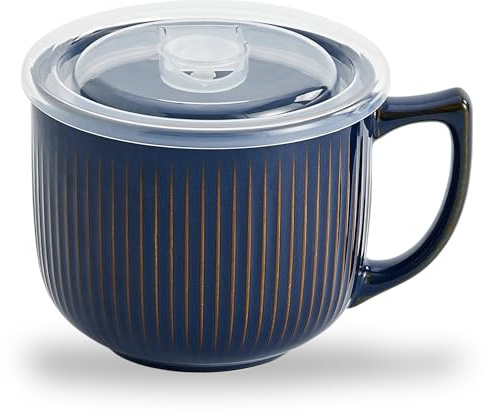 Hoilse Ceramic Soup Bowl with Handle – Large 900ml Microwave Soup Mug with Lid, Soup Container & Cup for Cereal, Oatmeal, Ramen, Noodle, Porridge, Housewarming Gift - (VintageBlue)