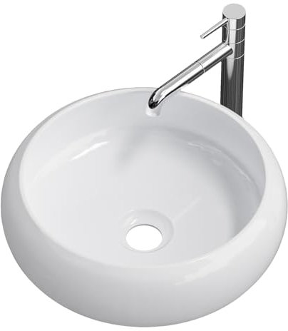 EMKE Lavabo, Lavabo Redondo de Cerámica, 36 x 36 x 12 cm, Instalación sobre Encimera, Blanco Brillante, Ideal para Baños y Aseos de Invitados
