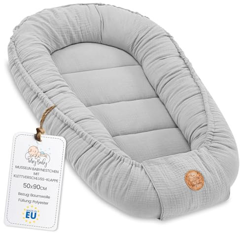 Musselin Babynest Nestchen Baby 90x50 cm - Babynestchen Neugeborene Nest für Kinder Bett und Babybett tragbar Kuschelnest Coccon für Jungen und Mädchen Baumwolle Grau