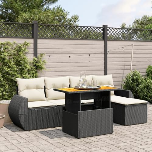 IKAYAA Muebles Jardín con Mesa Tablero Ajustable, Ratán y Acero, Sofa Jardin con Mesa, Conjunto Jardín, Juego de Sofás Ratán, Sofa para Terraza, Negro y Crema 6 pzas Type-176